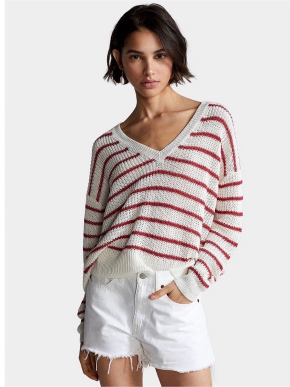 NWOT Polo by Ralph Lauren White V-Neck Sweater with Red Stripes